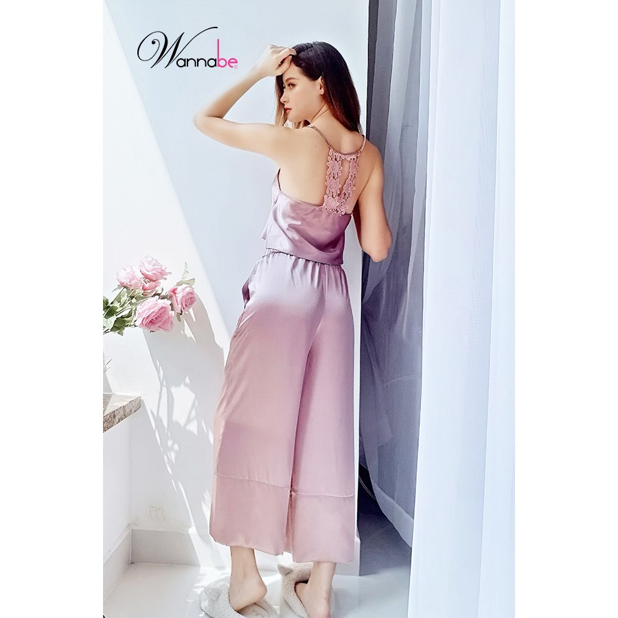 Đồ bộ mặc nhà phi lụa WANNABE BDS07 bộ dài áo croptop, quần dài ống suôn thắt nơ eo, áo ba lỗ lưng ren xinh đẹp