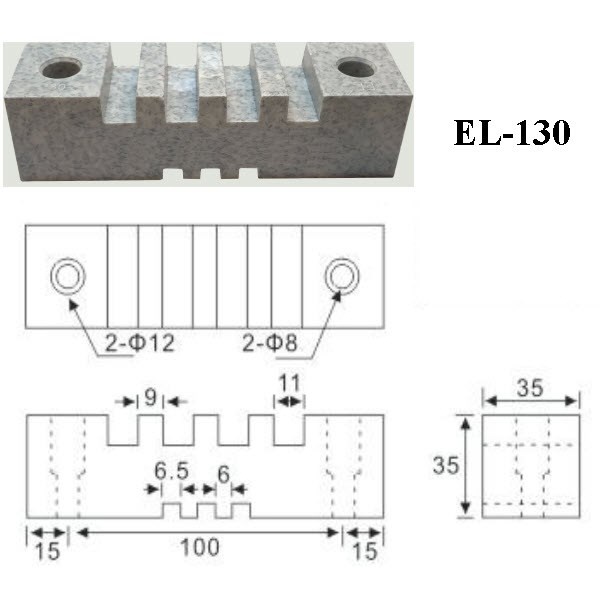 Sứ kẹp thanh cái đơn EL-130  2 mặt rãnh: +Mặt A : 4 rãnh 11 mm Mặt B : 3 rãnh 6 mm