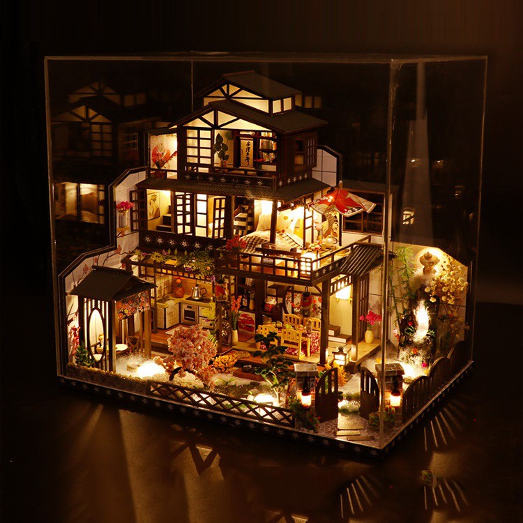 Mô hình nhà DIY Doll House Japanese The Ancient Capital Under Moonlight Kèm Mica Chống bụi, Bộ dụng cụ, Keo dán và Bộ ph