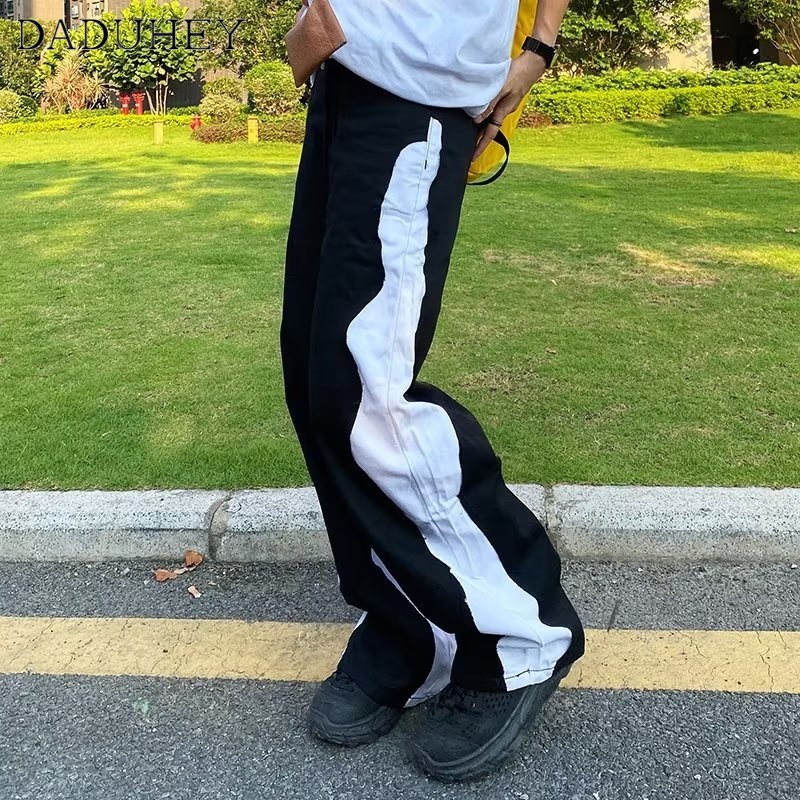 DaDuHey Men's Summer New Patchwork Jeans Trendy Fashion Straight Loose Wide Leg Pants