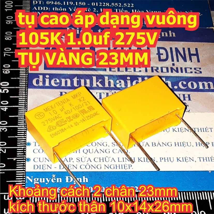 10 con tụ cao áp dạng vuông tụ kẹp vàng tụ lọc an toàn MKP 105 1.0uf 125 1.2uF 155 1.5uF 225 275V D=23mm / 27mm kde6782
