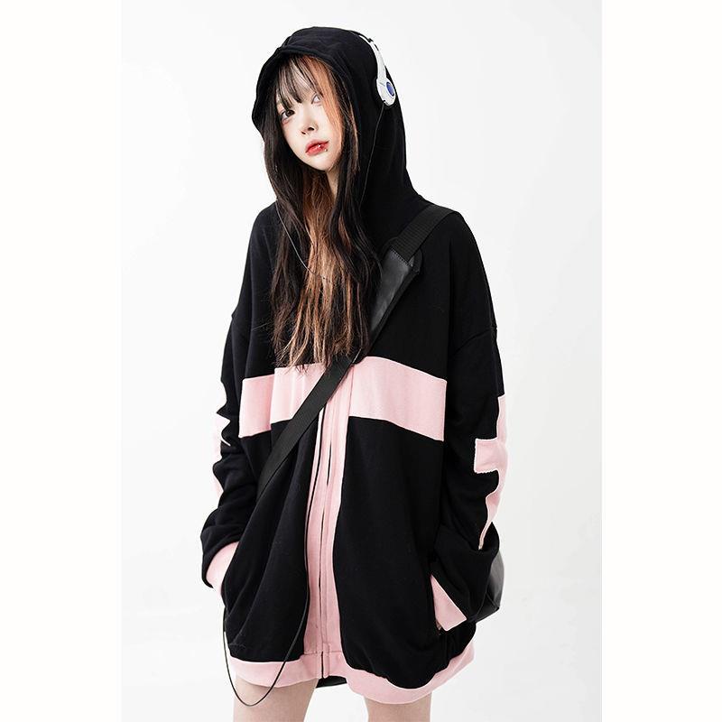 Áo Hoodie Dáng Rộng Cỡ Lớn Màu Sắc Tương Phản Thời Trang Mùa Thu Cho Cặp Đôi