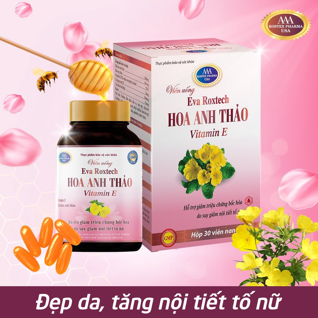Dầu hoa anh thảo, sữa ong chúa, dầu hoa hồng giúp đẹp da, tăng nội tiết tố nữ - 30 viên [Eva Roxtech Hồng]