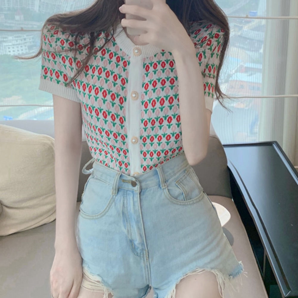 Áo Cardigan Dệt Kim Ngắn Dáng Rộng In Họa Tiết Hoa Đính Nút Ngọc Trai Phong Cách Chanel Hàn Quốc Thời Trang Mùa Hè Cho Nữ