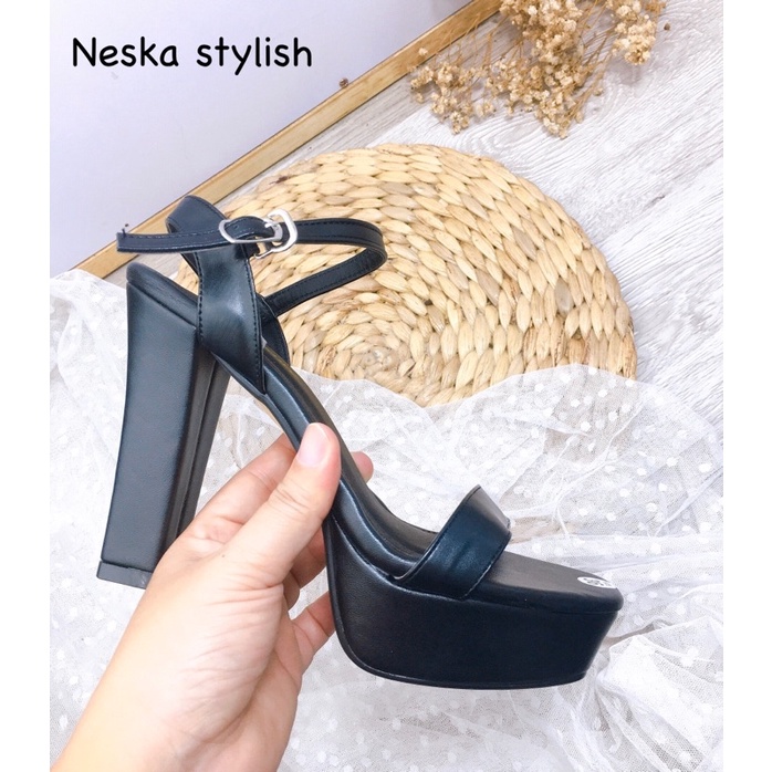 Giày sandal nữ cao gót quai ngang đế đúp gót trụ cao 10 cm mang êm mã Nes.11