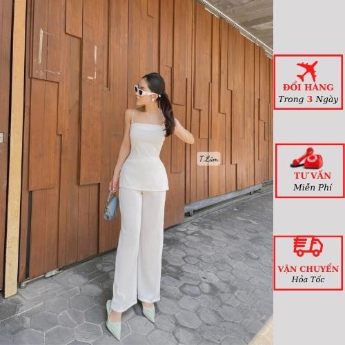 Set áo dập ly 2 dây nữ kèm quần suông ống rộng ulzzang Hàn Quốc đi biển