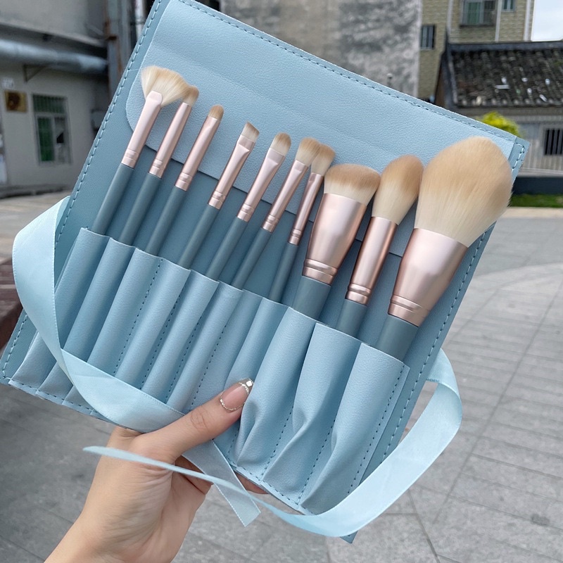 Bộ cọ trang điểm 10 cây cao cấp lông siêu mịn kèm bao da màu xanh