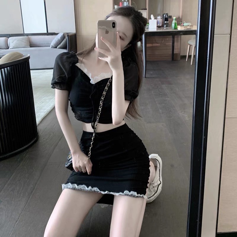 🖤Set ulzzang áo croptop trễ vai viền ren tiểu thư xinh xắn dạo phố+Chân váy ôm body rúm sang chảnh quyến rũ sexy