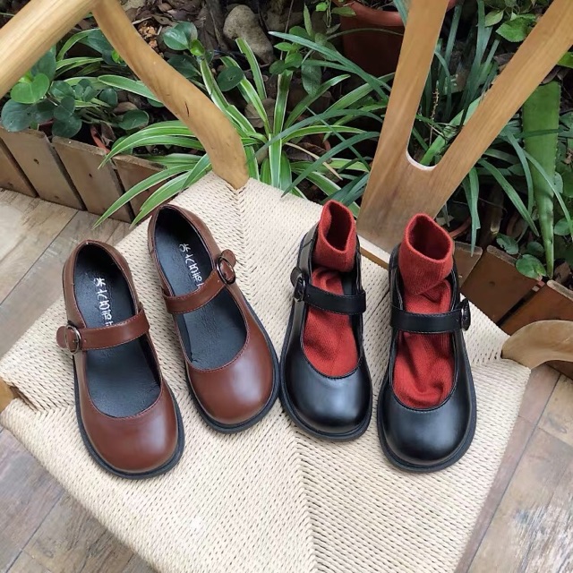 (Sẵn Đen 37 39- Nâu39 37 35) ⚡️Giày búp bê lolita  nữ da PU phong cách Lolita Ulzzang-FORM TO (G6)