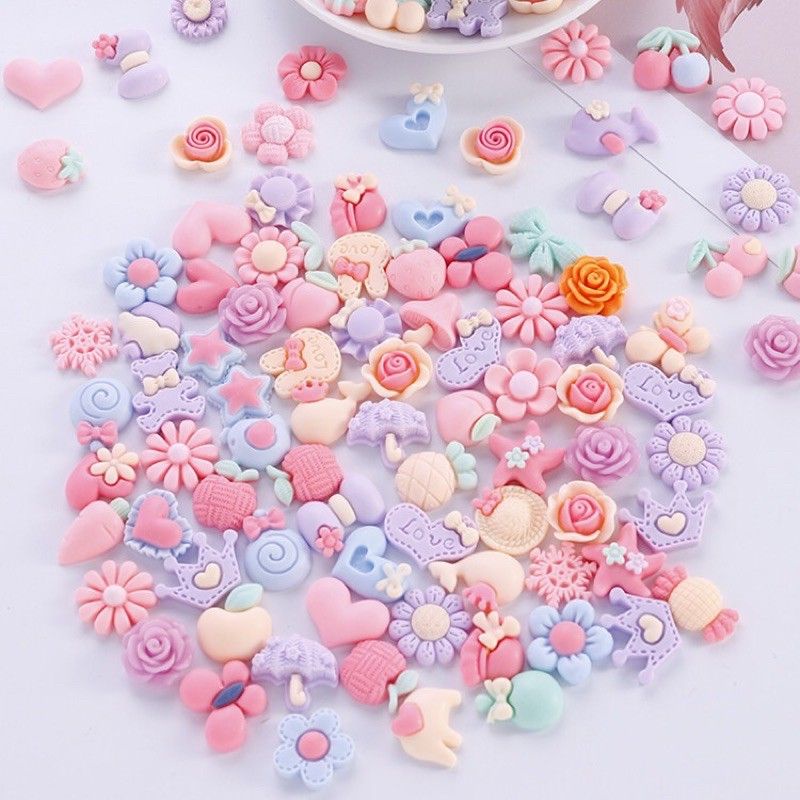 Set 100 charm, center tone hồng làm kẹp tóc, slime,dán ốp