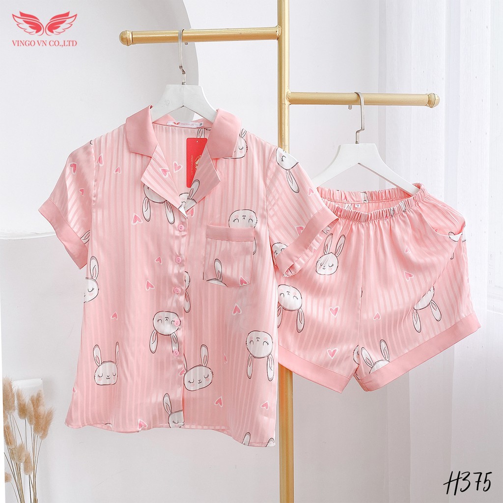 VINGO Bộ Pijama Mặc Nhà Nữ Lụa Tuyết Tay Cộc Quần Cộc Kiểu Pijama Họa Tiết Thỏ Hồng H375 VNGO - TCQC