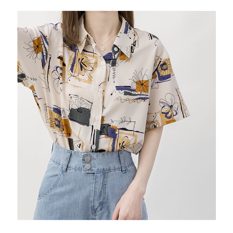 Áo sơ mi tay ngắn phong cách retro Hong Kong dáng rộng dễ phối đồ thời trang mùa hè dành cho nữ