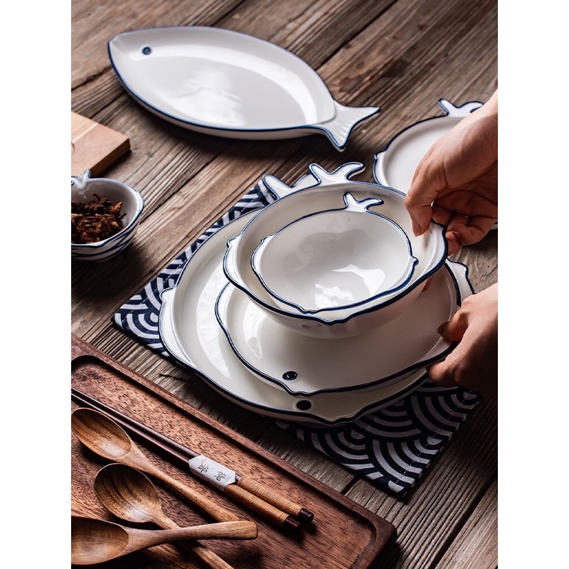 Set bát và đĩa hình con cá