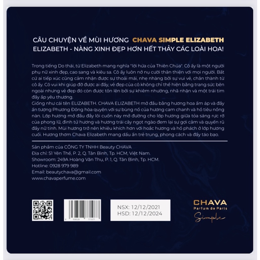 Nước hoa nữ CHAVA ELIZABETH 10ml dạng xịt chính hãng dành cho Nữ - theo Tiêu Chuẩn Pháp  CHANGSTORE