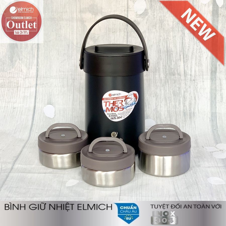 Hộp Đựng Cơm Giữ Nhiệt 3 Ngăn Inox 304 nóng 12h lạnh 24h ELMICH EL-3129 1500ml