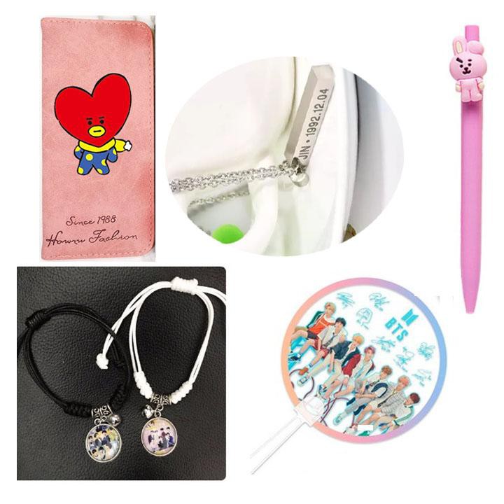 (M71) Combo 5 món đồ BTS gồm ví dài cầm tay dây chuyền bút máy chibi vòng tay đôi thần tượng idol quạt tròn nhựa cầm tay