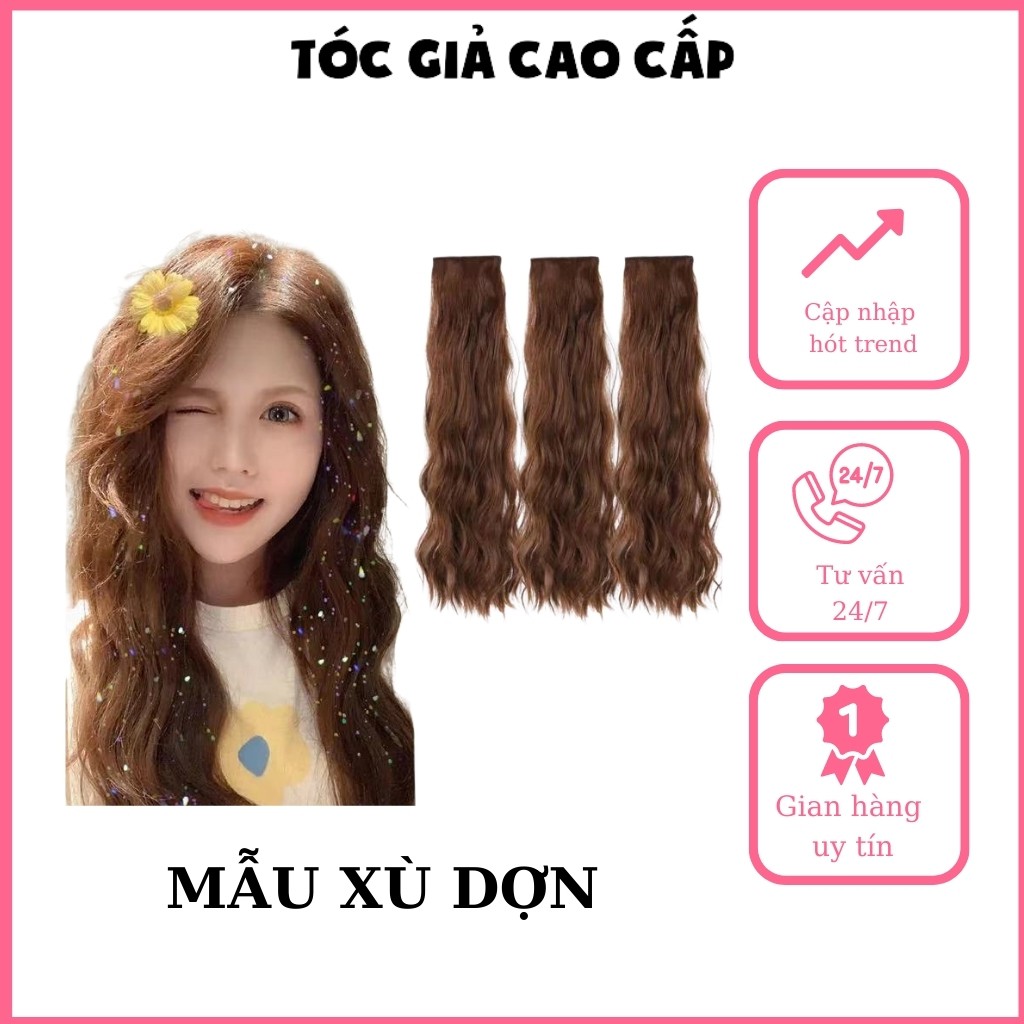 45cm và 60cm, Tóc giả kẹp xoăn sét gồm 3 dải kẹp phồng chân tóc, sợi tơ cao cấp