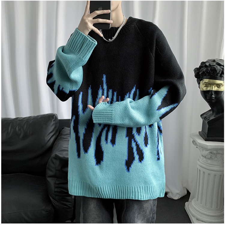 Áo sweater len nam form rộng ngọn lửa xanh đen, áo sweater nam unisex màu đen đi học đi chơi thời trang ulzzang hàn quốc