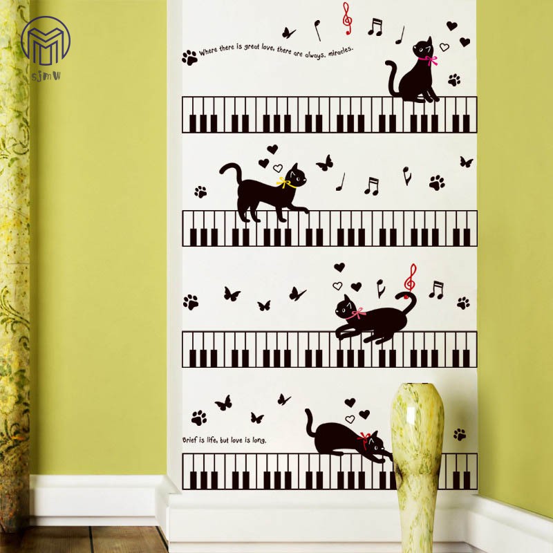 Miếng dán tường bằng PVC hình phím đàn piano & mèo dùng để trang trí