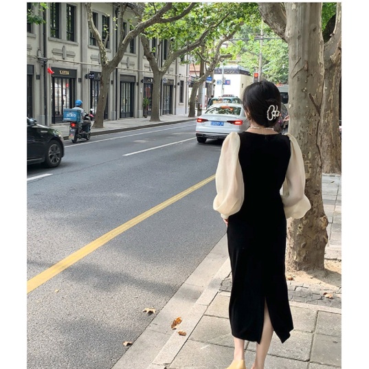Váy Nhung Cổ V Tay Be ⚡️ẢNH THẬT⚡️ Đầm Tay Dài, Chất Mịn, Dáng Suông Cho Nữ