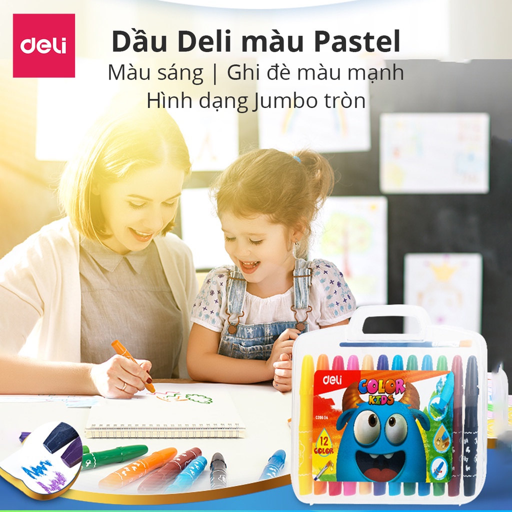 Bút Sáp Màu Nước Cao Cấp Color Kids Deli - 12 Màu - Dành cho bé từ 3 tuổi, không độc hại, kèm cọ và hộp nhựa