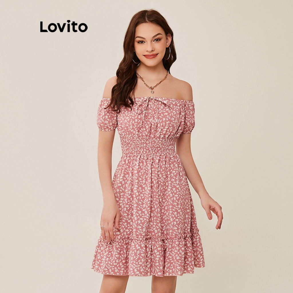 Lovito Đầm Trễ Vai In Hoa Màu Hồng Dễ Thương L20D296