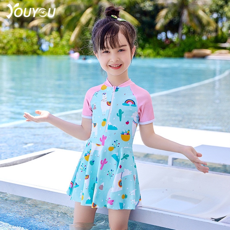 Váy bơi bé gái liền thân bé lớn tuổi có khóa kéo trước ngực hình lạc đà xương rồng