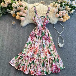 [HÀNG ORDER] Đầm maxi 2 dây bản to hoạ tiết hoa xoè đuôi cá tiểu thư Vintage