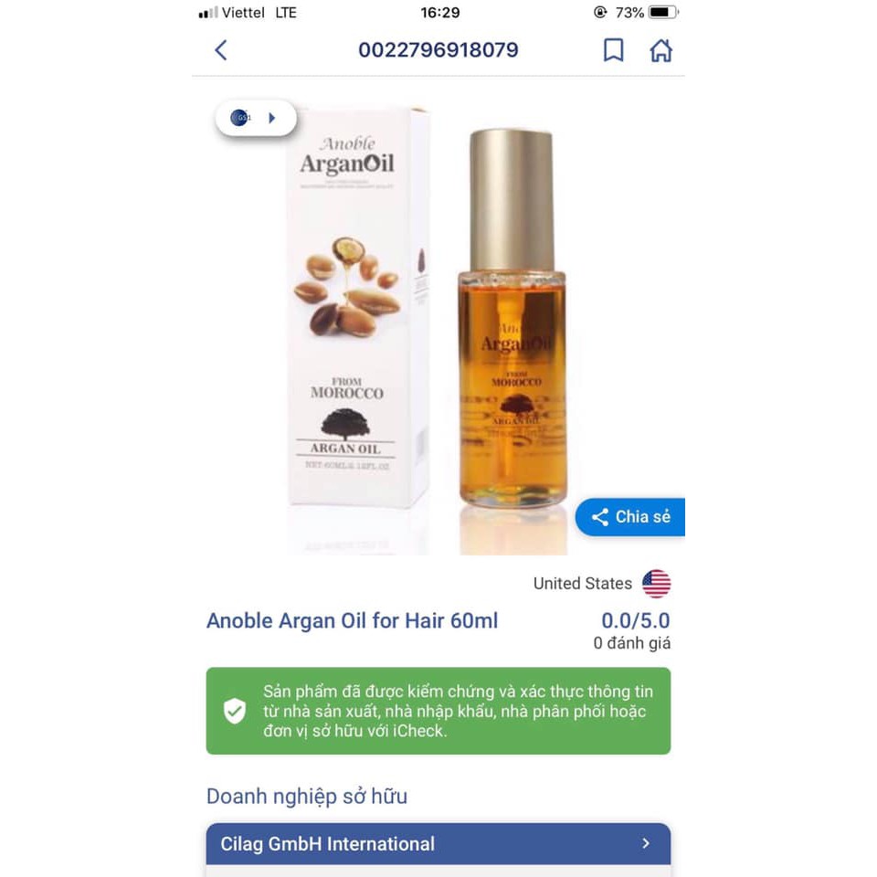 Tinh dầu dưỡng tóc Anoble Arganoil phục hồi vào nếp 60ml