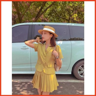 Set vest nữ gồm chân váy xếp ly siêu xinh, Áo vest nữ phong cách Hàn Quốc trẻ trung năng động