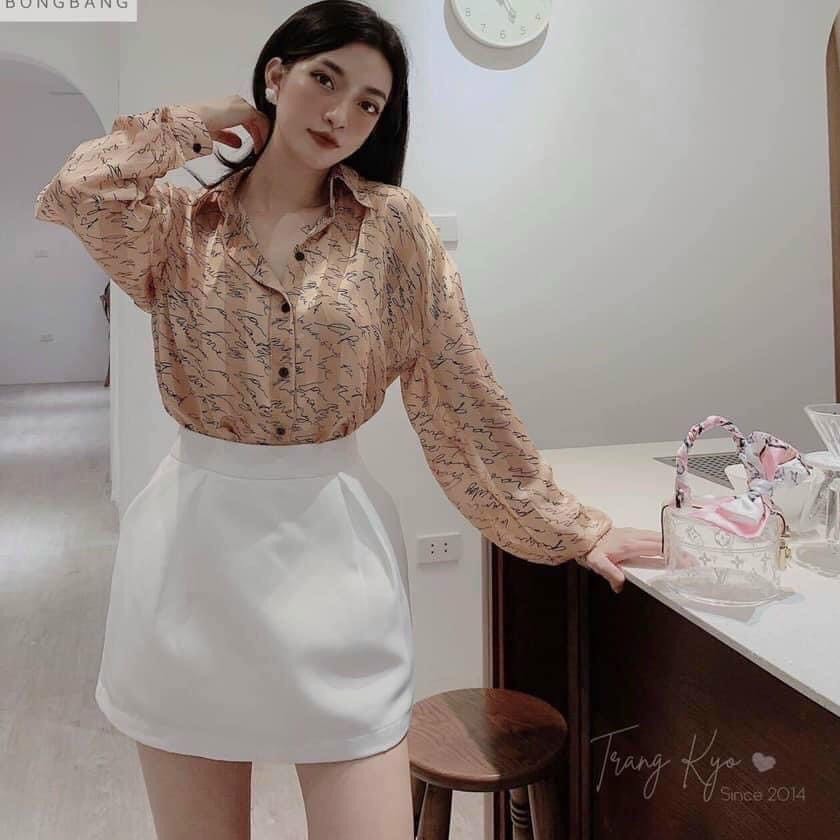 Áo sơ mi lụa nữ cao cấp dài tay họa tiết chữ 2 màu đen be