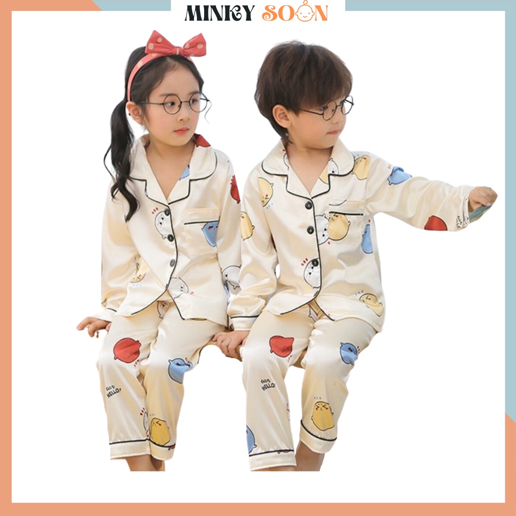 Bộ Pijama Cho Bé In Hoạt Hình Chất Lụa Cao Cấp, Đồ Ngủ Lụa Cho Bé - MINKY SOON