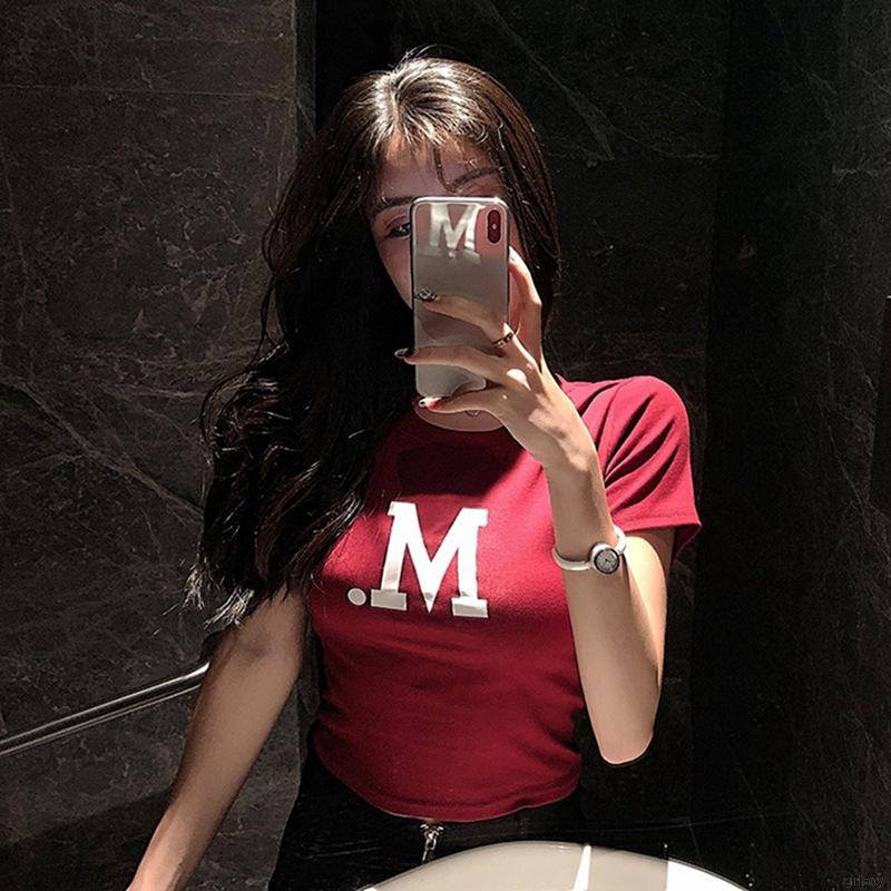 Áo Thun Croptop Tay Ngắn In Chữ Cổ Tròn Phong Cách Hàn Quốc