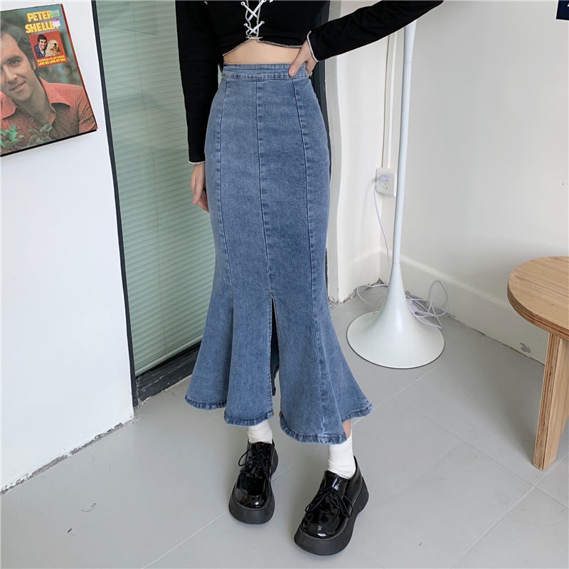 Chân váy jean kiểu đuôi cá xẻ tà chiều dài trung bình / ngắn kiểu xếp nếp size lớn dễ phối đồ dành cho nữ，chân váy jean dài，váy denim đuôi cá