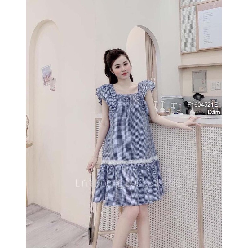 Đầm kẻ caro dáng suông tà phối viền ren cổ vuông tay bèo!