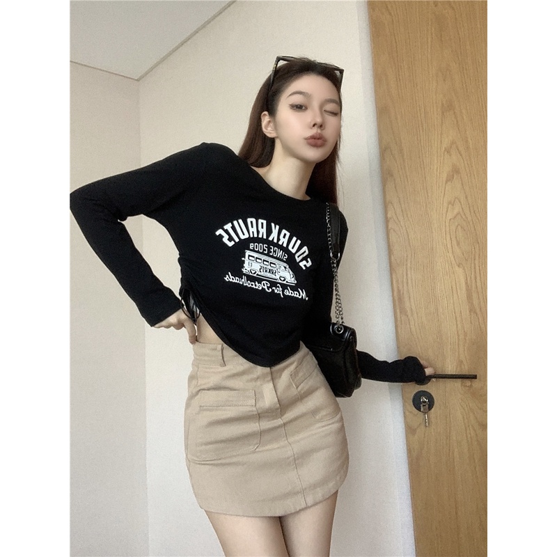 Áo Thun Tay Dài Dáng Ôm In Họa Tiết Kiểu retro Phối Dây Rút Phong Cách Hàn Quốc Thời Trang Cho Nữ