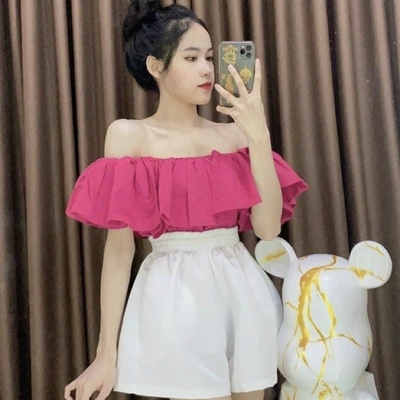 Áo trễ vai nữ tay phồng 2 lớp nhún lưng ôm dáng bánh bèo hottrend