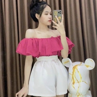 Áo trễ vai nữ tay phồng 2 lớp nhún lưng ôm dáng bánh bèo hottrend