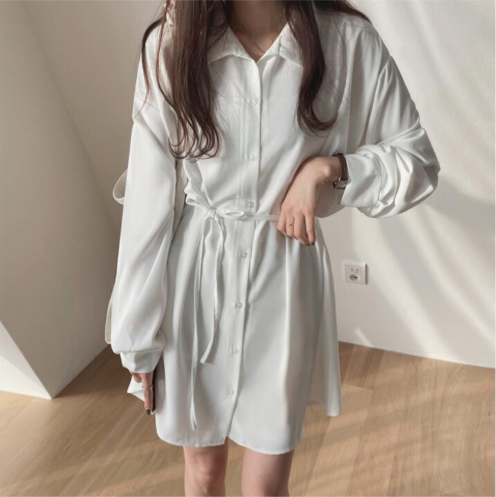 SUXI Đầm Sơ Mi Trắng Dài Tay Phong Cách Hàn Quốc Dành Cho Nữ