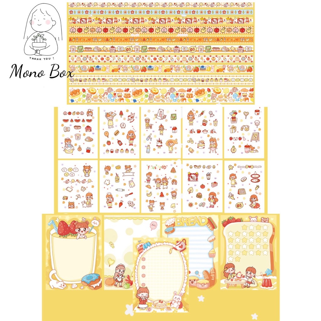 Combo sticker dán 10 tờ, 10 cuộn washi tape, 30 tờ giấy note hoạt tiết cô gái ngọt ngào dễ thương Mono_box CB1