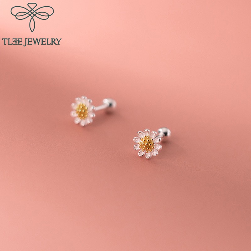 Khuyên tai bạc nữ TLEE hoa cúc nhị vàng mini xinh xắn chốt bi vặn TleeJewelry B0127