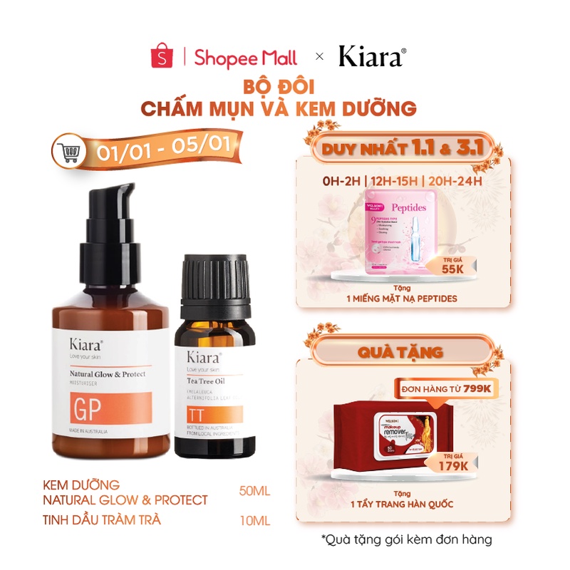 Bộ đôi Chấm mụn Tea Tree Oil 10ml và Kem dưỡng ẩm phục hồi da Kiara Natural Glow &amp; Protect