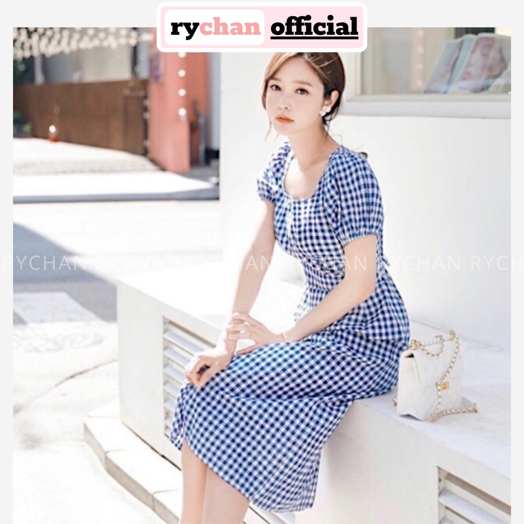 Đầm Nữ Đi Chơi Caro Cổ vuông Tay Ngắn Phồng Bo Eo Retro, Đầm Nữ Vintage Màu Xanh[ẢNH THẬT CUỐI] - DX9856