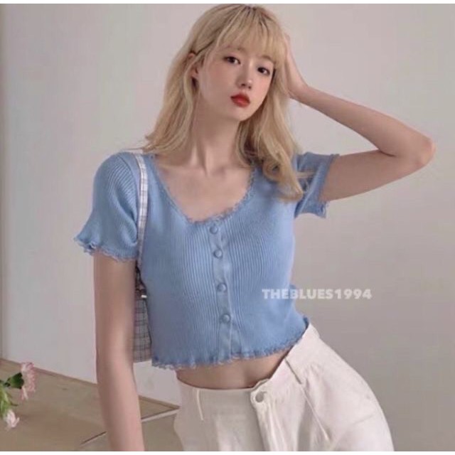 Áo kiểu croptop nút phối ren - mẫu hot 2020 - vải mềm mịn loại 1