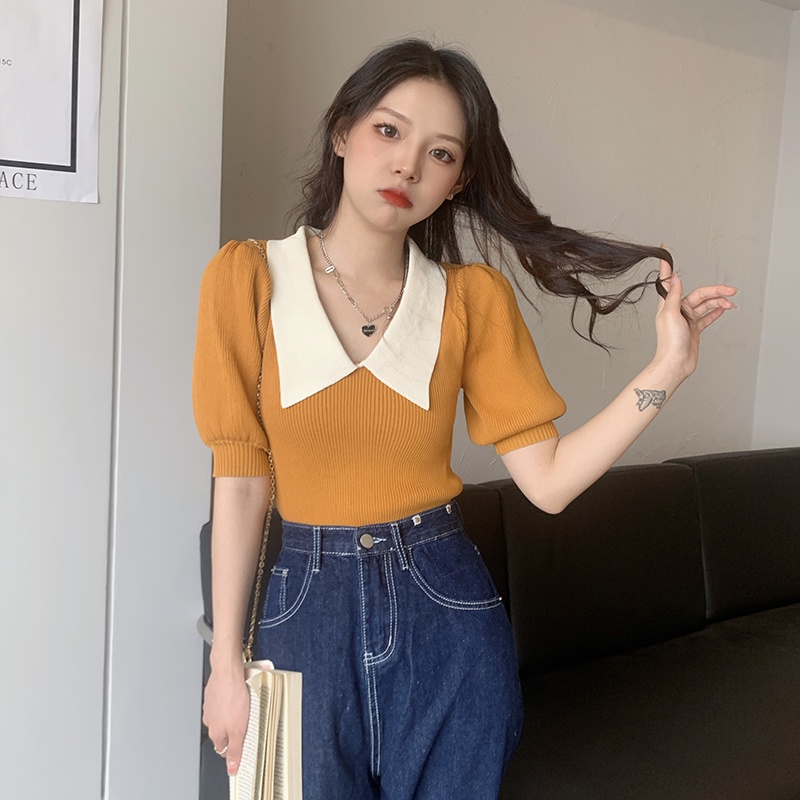Áo thun Zhelihangfei cổ polo dệt kim tay ngắn / phồng xinh xắn thời trang