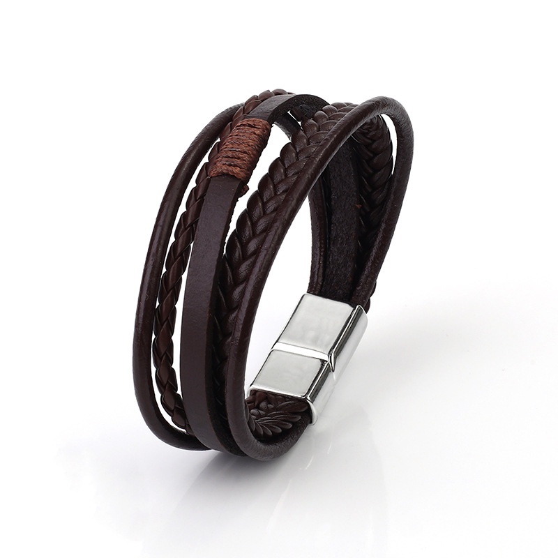 Vòng Tay Da Nhiều Lớp Đính Mặt Thép Không Gỉ Phong Cách Hip Hop Cho Nam