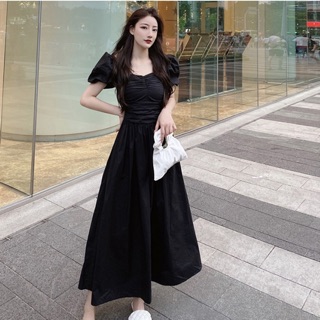 (Order 5-10days) Bigsize S-4XL Đầm đen cổ tim vai bồng dáng xoè dài dự tiệc siêu xinh
