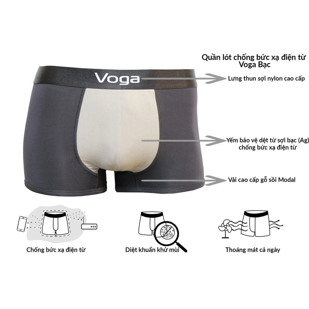 [Mã BMBAU50 giảm 7% đơn 99K] Quần lót nam kiểu boxer ống ngắn Voga Bạc chống bức xạ điện từ Wifi, điện thoại