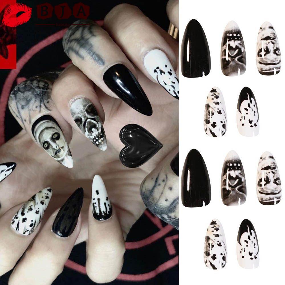 Set 24 Móng Tay Giả Đầu Nhọn Họa Tiết Halloween Thời Trang Độc Đáo