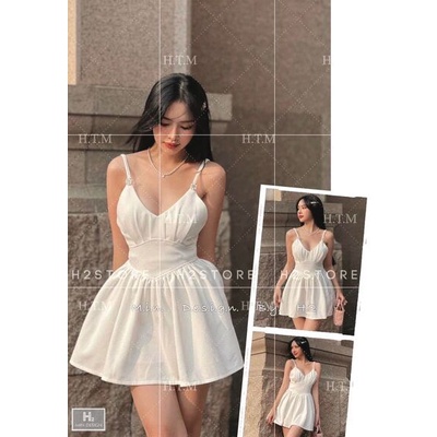 Váy đầm 2 dây cài tag nơ ngọc xếp ly xoè